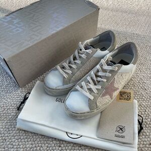 Golden Goose Pink and Cream Shearling Sherpa Hi Star Sneakers 38 8